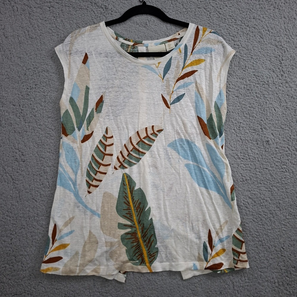 Cynthia Rowley 100% Linen Small White‎ Button Back Tropical Leaf Top Short Sleev